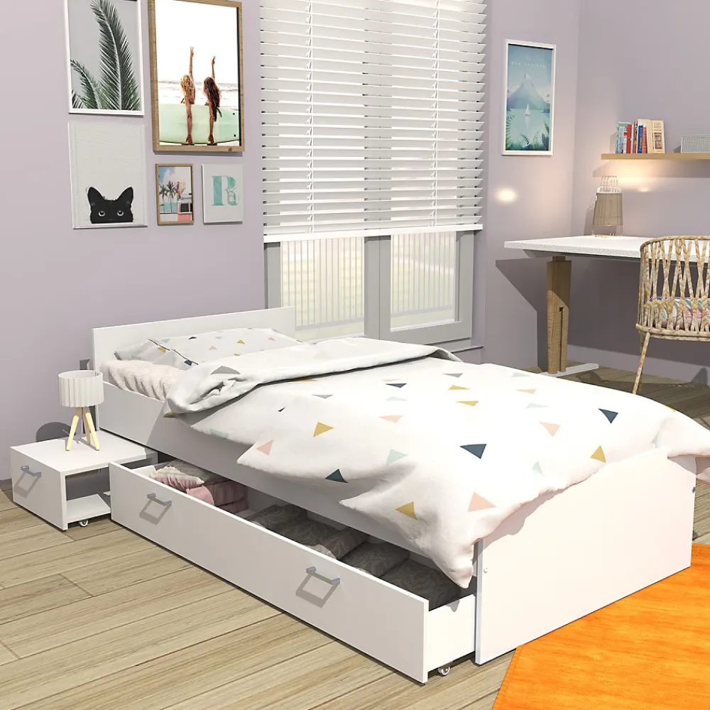 Bb Loisir Lit 1 place 90x190cm blanc TIDO inclus chevet et tiroir pour rangement* Lit Simple