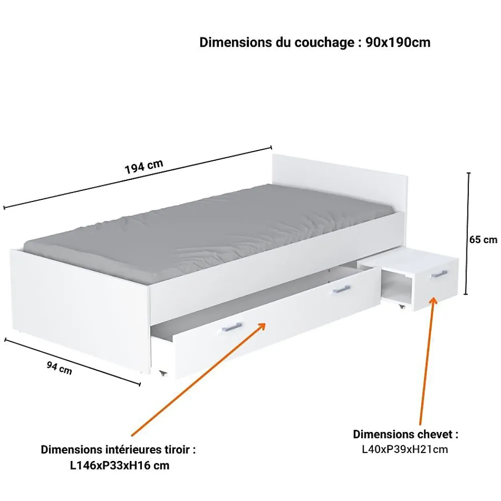 Bb Loisir Lit 1 place 90x190cm blanc TIDO inclus chevet et tiroir pour rangement* Lit Simple
