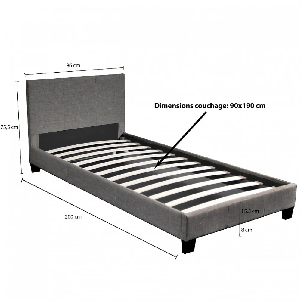 Lit 1 place 90x190cm Tissu Gris foncé avec sommier DUSIN>Bb Loisir Discount