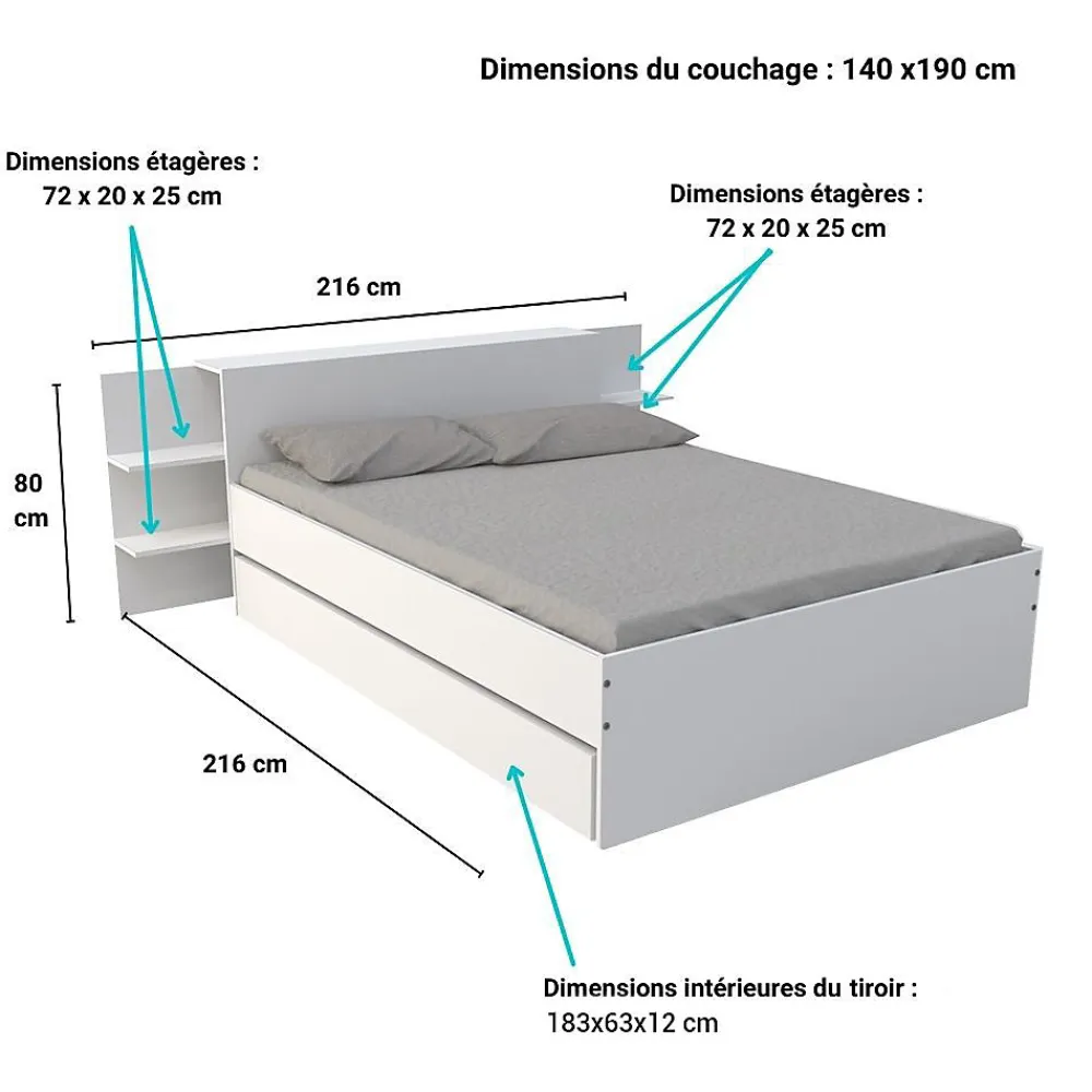 Lit 2 places 140x190cm Blanc CITA inclus sommier et tete de lit chevet et tiroir>Bb Loisir Sale