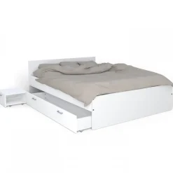 Lit 2 places 140x190cm Blanc TIDO inclus sommier, 1 chevet et 1 tiroir pour rangement>Bb Loisir