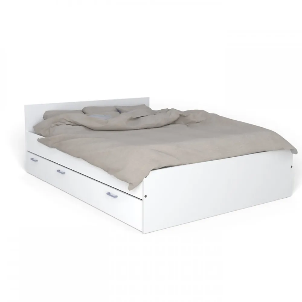 Lit 2 places 140x190cm Blanc TIDO inclus sommier, 1 chevet et 1 tiroir pour rangement>Bb Loisir