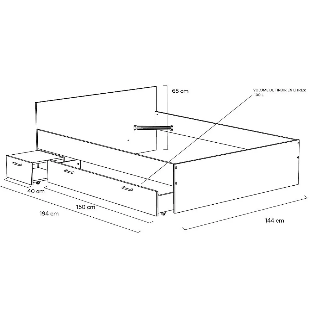 Lit 2 places 140x190cm Blanc TIDO inclus sommier, 1 chevet et 1 tiroir pour rangement>Bb Loisir