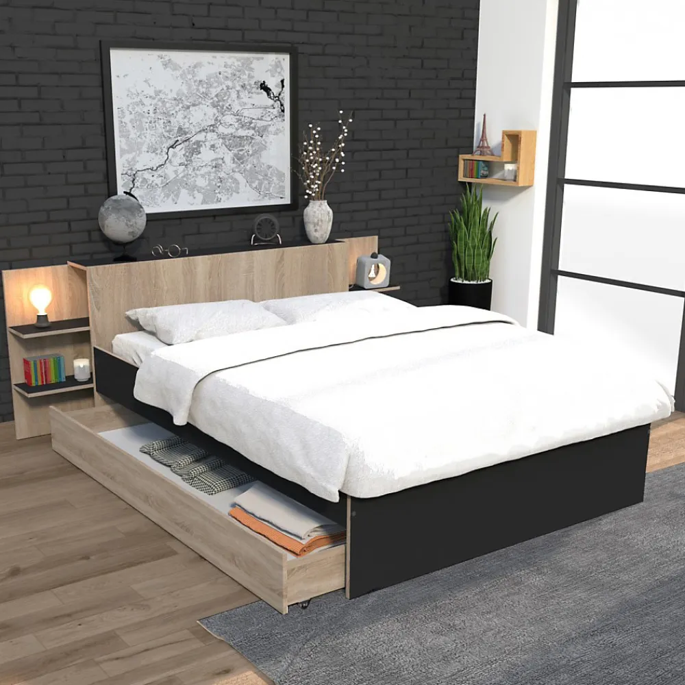 Lit 2 places 140x190cm Chêne et noir CITA inclus sommier et tete de lit chevet et tiroir>Bb Loisir Clearance