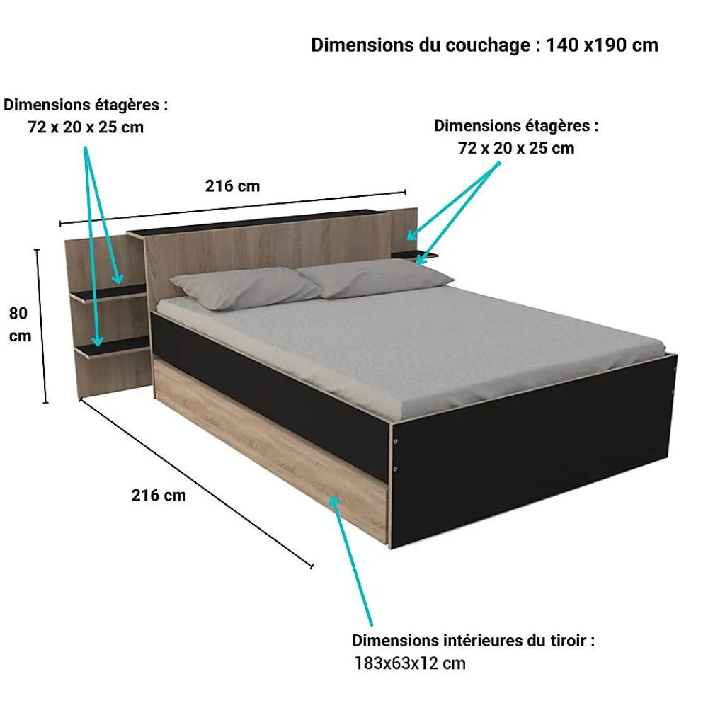 Lit 2 places 140x190cm Chêne et noir CITA inclus sommier et tete de lit chevet et tiroir>Bb Loisir Clearance