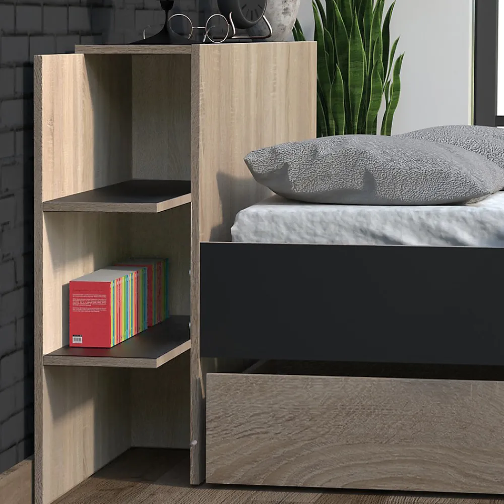 Lit 2 places 140x190cm Chêne et noir CITA inclus sommier et tete de lit chevet et tiroir>Bb Loisir Clearance
