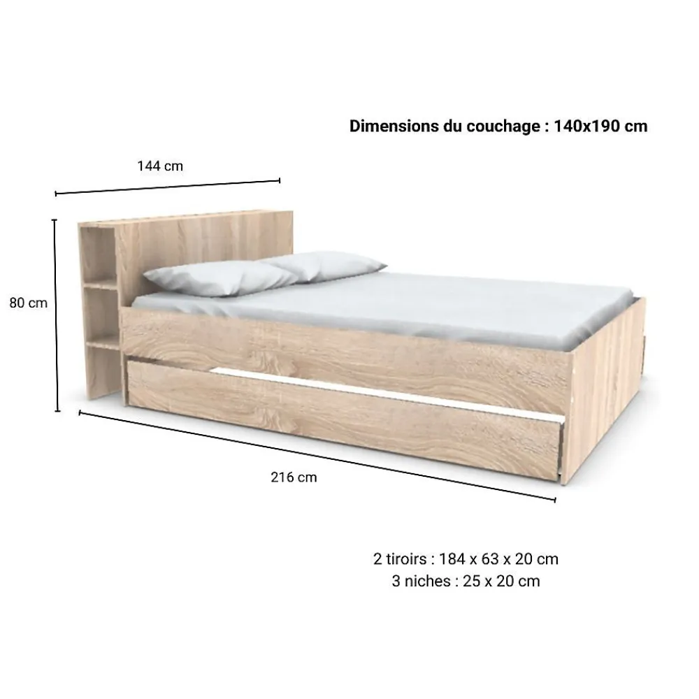 Bb Loisir Lit 2 places 140x190cm chêne ROGO inclus sommier et tete de lit avec étageres et 2 tiroirs* Lit Double
