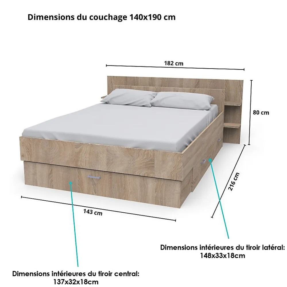 Lit 2 places 140x190cm Chêne SAND inclus sommier et tete de lit et 2 tiroirs>Bb Loisir Clearance