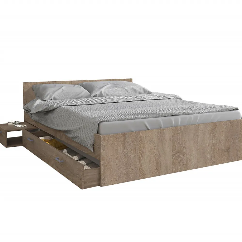 Lit 2 places 140x190cm couleur Chêne TIDO inclus sommier, 1 chevet et 1 tiroir pour rangement>Bb Loisir