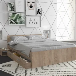 Lit 2 places 140x190cm couleur Chêne TIDO inclus sommier, 1 chevet et 1 tiroir pour rangement>Bb Loisir
