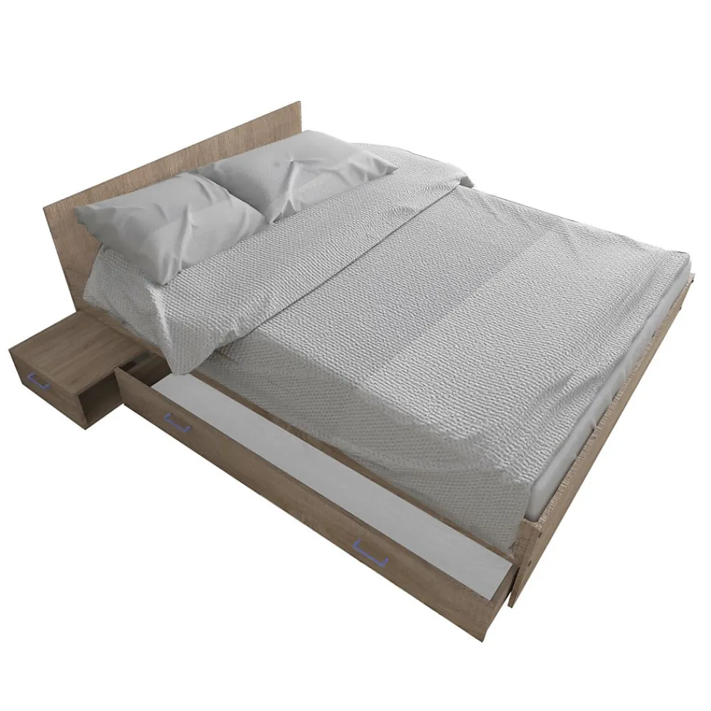 Lit 2 places 140x190cm couleur Chêne TIDO inclus sommier, 1 chevet et 1 tiroir pour rangement>Bb Loisir