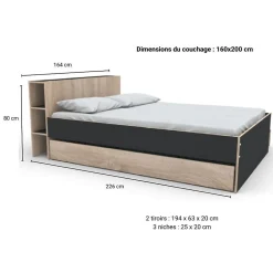 Lit 2 places 160x200cm Noir et chêne ROGO inclus sommier et tete de lit avec étageres et 2 tiroirs><noscript><img width=