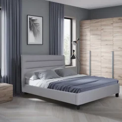 Lit 2 places 140x190cm tissu Gris clair avec sommier LANEAU>Bb Loisir New