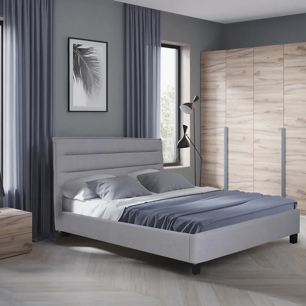 Lit 2 places 140x190cm tissu Gris clair avec sommier LANEAU>Bb Loisir New