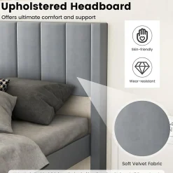 Lit 140 x 200 avec Sommier sans Matelas, Lit Capitonné avec Tete 140CM en Tissu Velours Doux, Lattes Bois, Charge 250KG (7 Bandes)>Giantex New