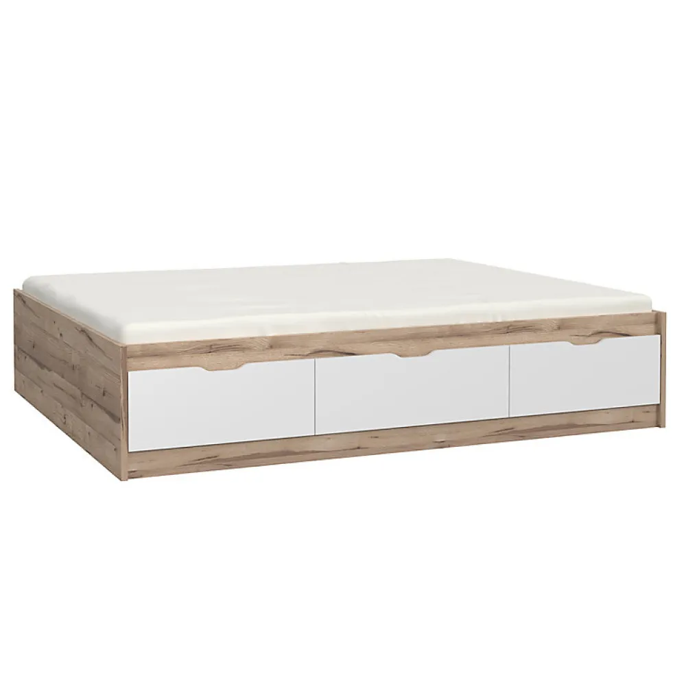 Meubletmoi Lit 160 x 200 cm 3 tiroirs décor chêne naturel et blanc mat - ALBANE* Lit Double