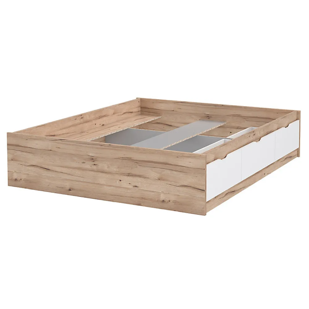 Meubletmoi Lit 160 x 200 cm 3 tiroirs décor chêne naturel et blanc mat - ALBANE* Lit Double