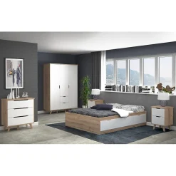 Meubletmoi Lit 160 x 200 cm 3 tiroirs décor chêne naturel et blanc mat - ALBANE* Lit Double