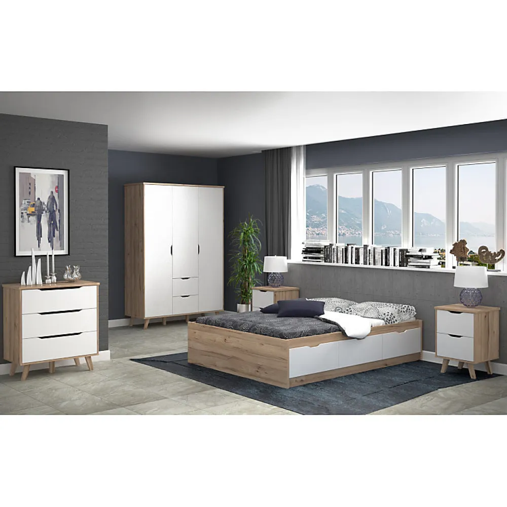 Meubletmoi Lit 160 x 200 cm 3 tiroirs décor chêne naturel et blanc mat - ALBANE* Lit Double