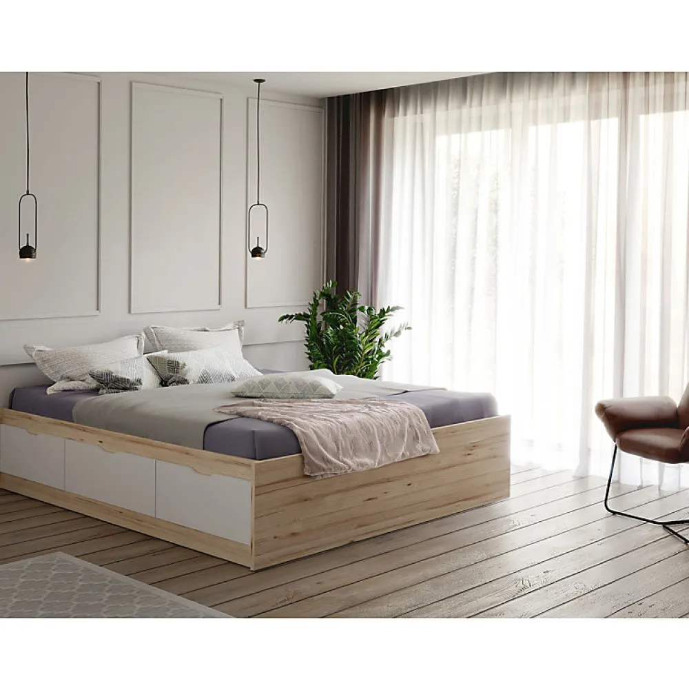 Meubletmoi Lit 160 x 200 cm 3 tiroirs décor chêne naturel et blanc mat - ALBANE* Lit Double