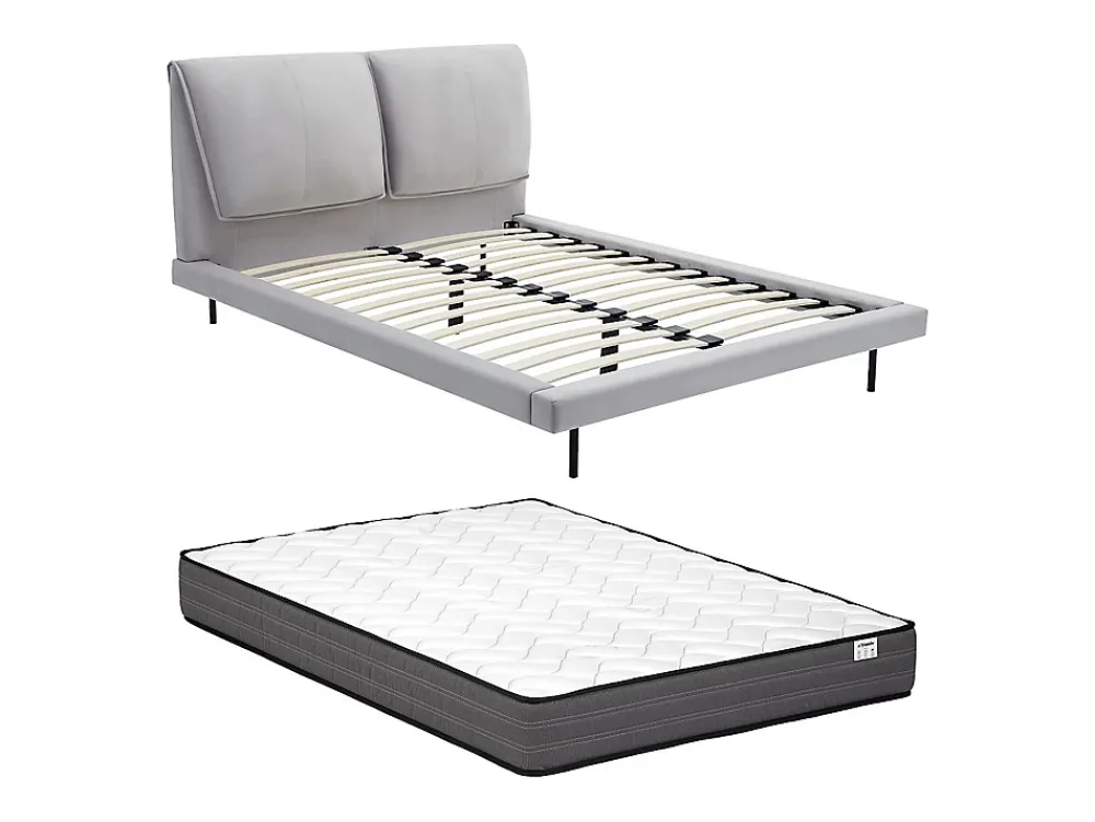 Vente-unique Lit 140 x 190 cm - Velours - Gris + Matelas - IBEDIA* Lit Double