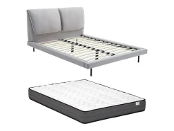 Lit 160 x 200 cm - Velours - Gris + Matelas - IBEDIA><noscript><img width=