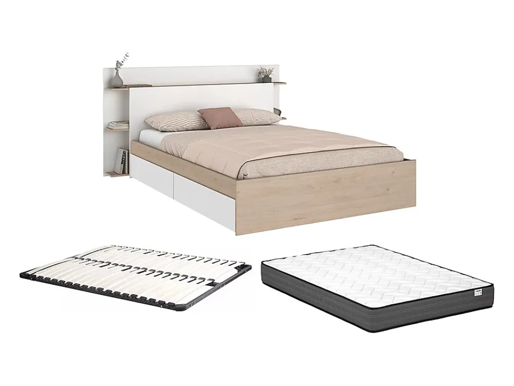 Vente-unique Lit 140 x 190/200 cm avec 4 tiroirs - Coloris : Naturel et blanc + Sommier + Matelas - TILONIDE* Lit Avec Rangement