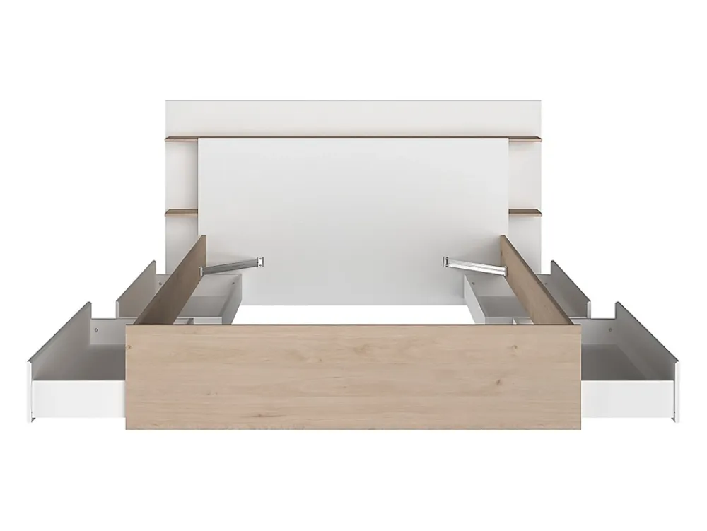 Vente-unique Lit 140 x 190/200 cm avec 4 tiroirs - Coloris : Naturel et blanc + Sommier + Matelas - TILONIDE* Lit Avec Rangement