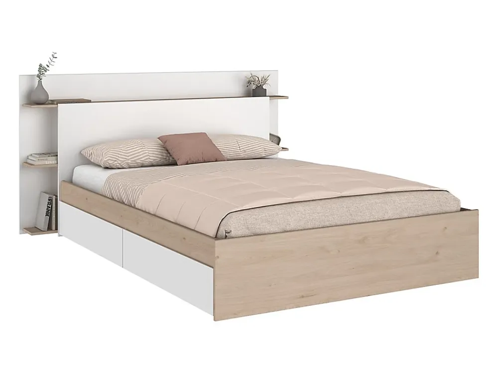Vente-unique Lit 140 x 190/200 cm avec 4 tiroirs - Coloris : Naturel et blanc + Sommier + Matelas - TILONIDE* Lit Avec Rangement
