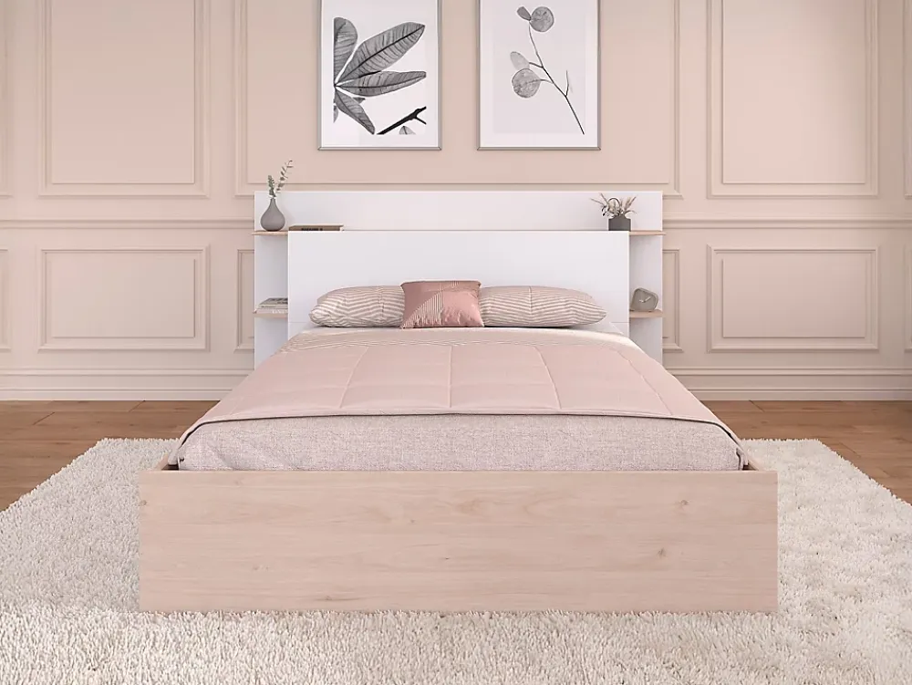 Vente-unique Lit 140 x 190/200 cm avec 4 tiroirs - Coloris : Naturel et blanc + Sommier + Matelas - TILONIDE* Lit Avec Rangement