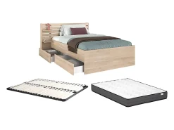 Vente-unique Lit 120 x 190 cm avec 4 tiroirs - Coloris : Naturel + Sommier + Matelas - TENALIA* Lit Avec Rangement
