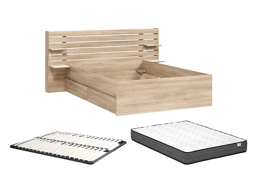 Lit 140 x 190/200 cm avec 4 tiroirs - Coloris : Naturel + Sommier + Matelas - TENALIA II>Vente-unique Best