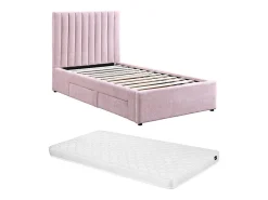 Lit 90 x 190 cm avec 2 tiroirs - Tissu - Rose + Matelas - SARAH>Vente-unique Outlet