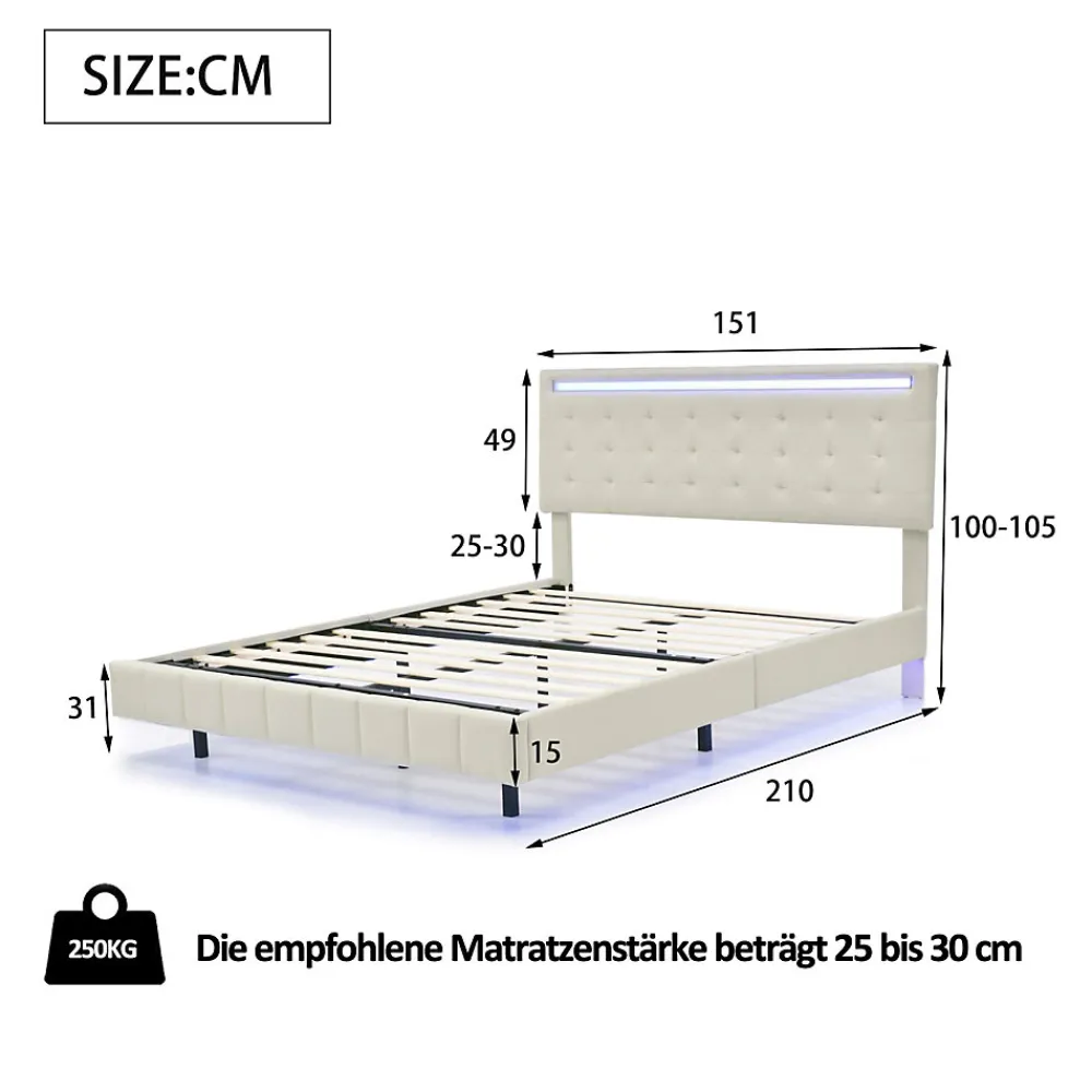 Lit 140 X 200 Cm Avec Éclairage LED Et Tête De Lit Réglable, Sommier à Lattes, Tissu En Lin, Beige>Simple Life Online