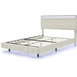 Lit 140 X 200 Cm Avec Éclairage LED Et Tête De Lit Réglable, Sommier à Lattes, Tissu En Lin, Beige><noscript><img width=