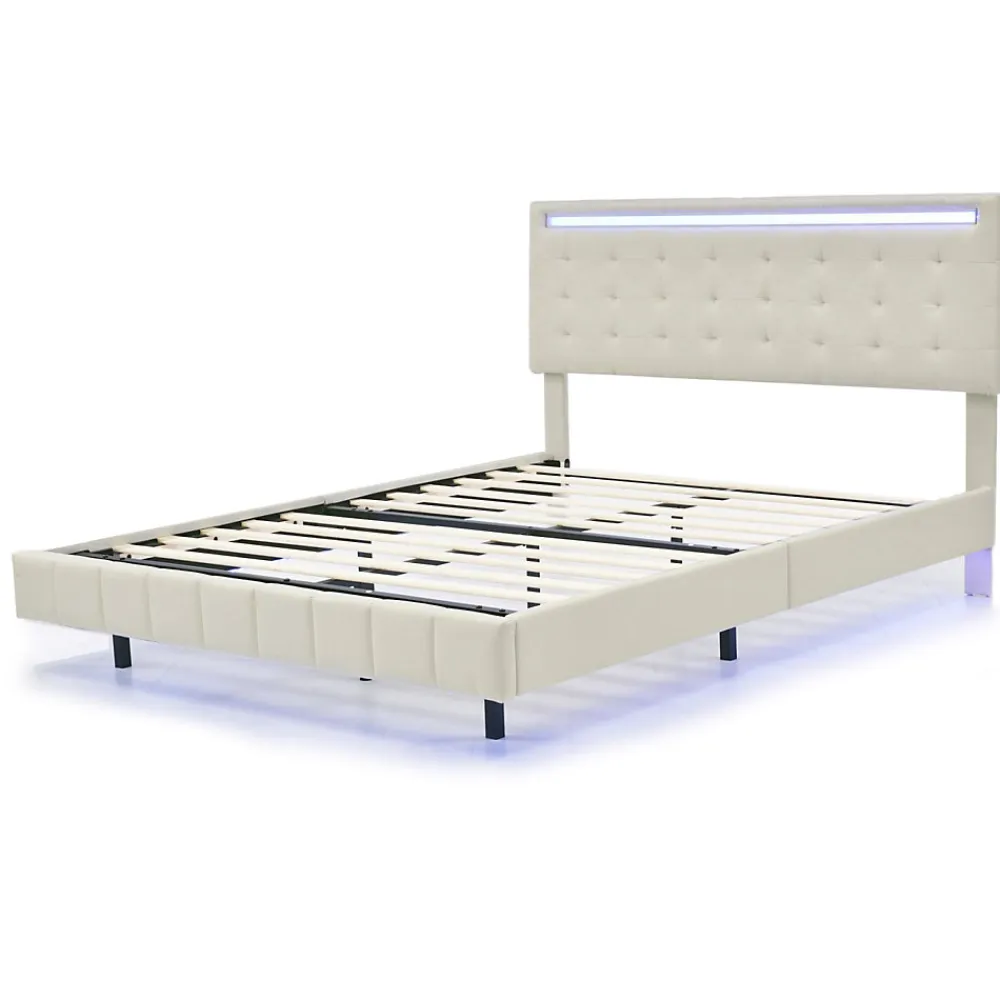 Lit 140 X 200 Cm Avec Éclairage LED Et Tête De Lit Réglable, Sommier à Lattes, Tissu En Lin, Beige>Simple Life Online