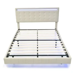 Lit 140 X 200 Cm Avec Éclairage LED Et Tête De Lit Réglable, Sommier à Lattes, Tissu En Lin, Beige><noscript><img width=