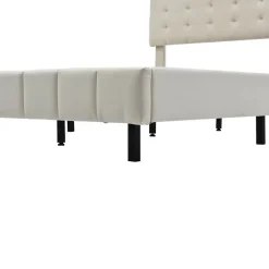Lit 140 X 200 Cm Avec Éclairage LED Et Tête De Lit Réglable, Sommier à Lattes, Tissu En Lin, Beige><noscript><img width=