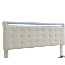 Lit 140 X 200 Cm Avec Éclairage LED Et Tête De Lit Réglable, Sommier à Lattes, Tissu En Lin, Beige><noscript><img width=