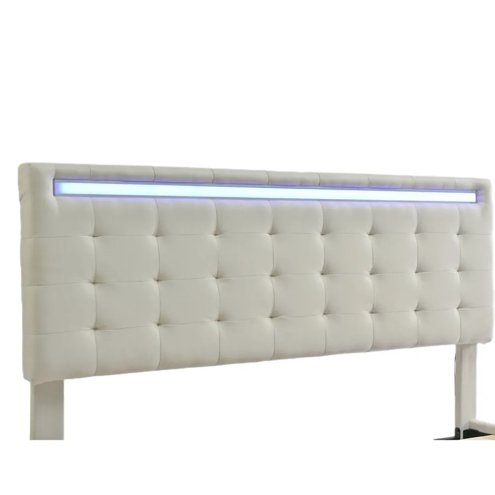 Lit 140 X 200 Cm Avec Éclairage LED Et Tête De Lit Réglable, Sommier à Lattes, Tissu En Lin, Beige>Simple Life Online