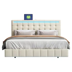 Lit 160 X 200 Cm Avec Éclairage LED Et Tête De Lit Réglable, Sommier à Lattes, Tissu En Lin, Beige>Fortuna lai Clearance