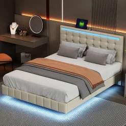 Lit 160 X 200 Cm Avec Éclairage LED Et Tête De Lit Réglable, Sommier à Lattes, Tissu En Lin, Beige><noscript><img width=