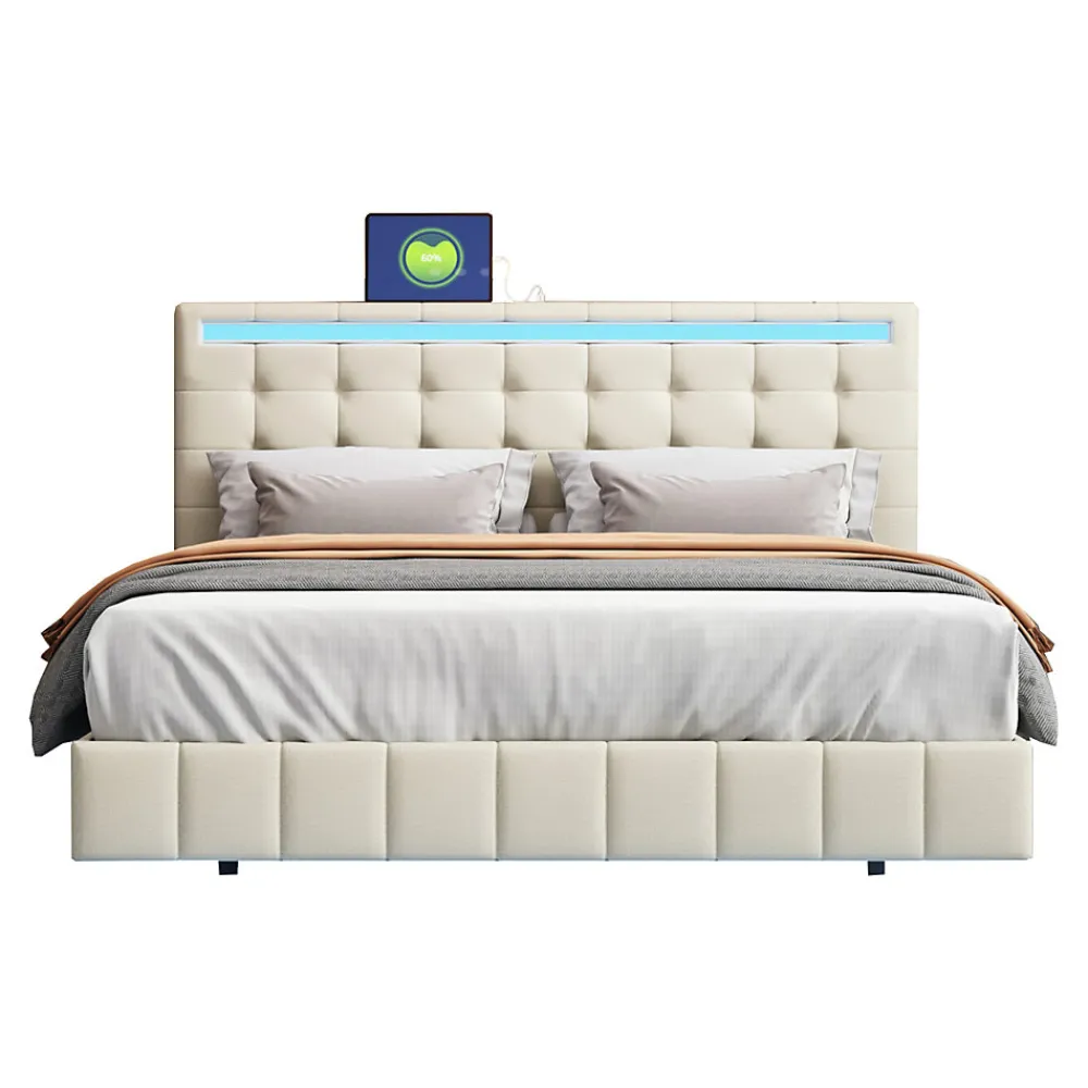 Lit 140 X 200 Cm Avec Éclairage LED Et Tête De Lit Réglable, Sommier à Lattes, Tissu En Lin, Beige>Fortuna lai