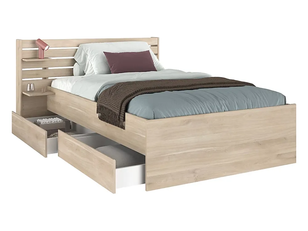 Vente-unique Lit 120 x 190 cm avec rangements - Coloris : Naturel + Sommier + Matelas - TENALIA* Lit Avec Rangement