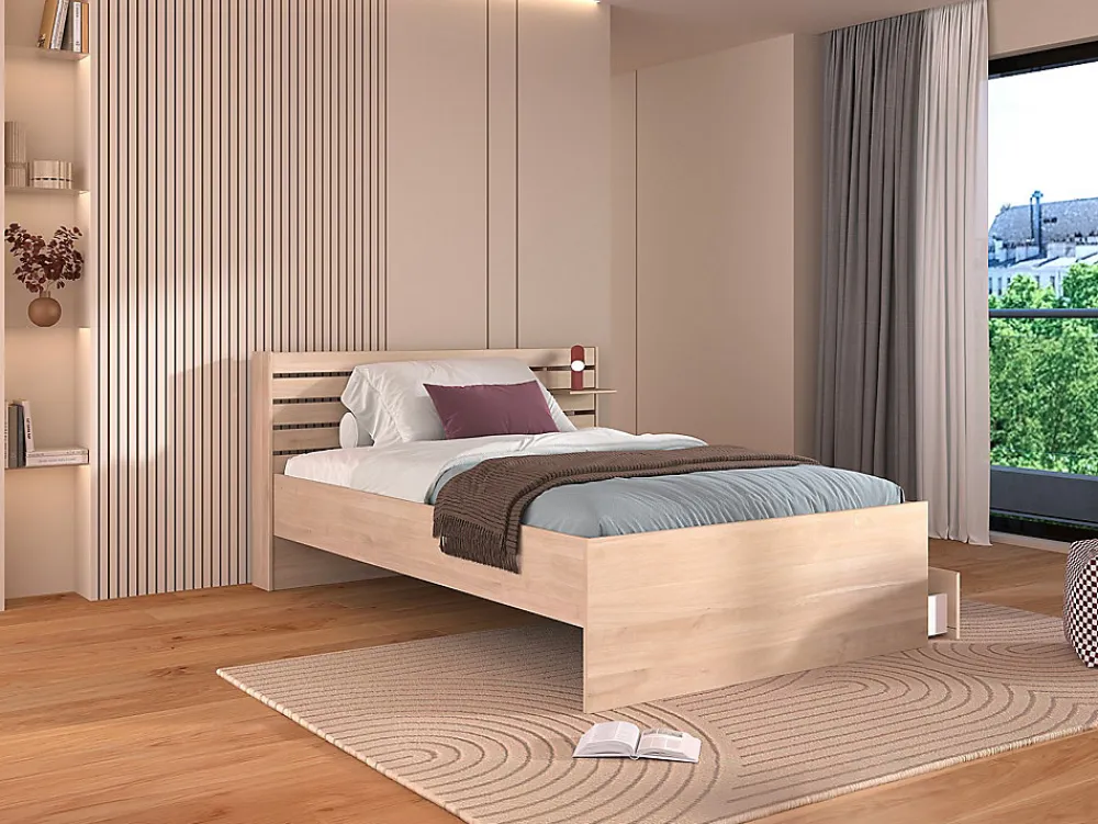 Vente-unique Lit 120 x 190 cm avec rangements - Coloris : Naturel + Sommier + Matelas - TENALIA* Lit Avec Rangement
