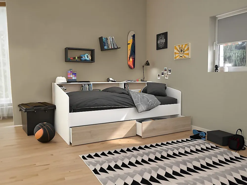 Vente-unique Lit 90 x 190/200 cm avec rangements - Blanc et naturel - PAULETTE*Enfant Lit Enfant