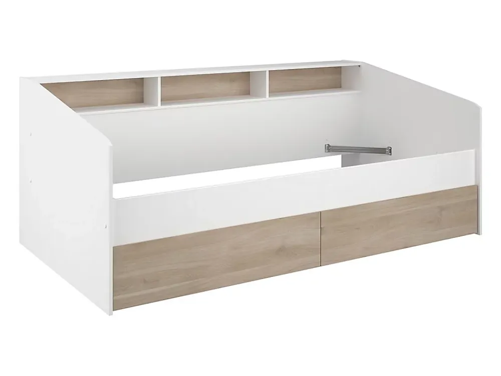 Vente-unique Lit 90 x 190/200 cm avec rangements - Blanc et naturel - PAULETTE*Enfant Lit Enfant