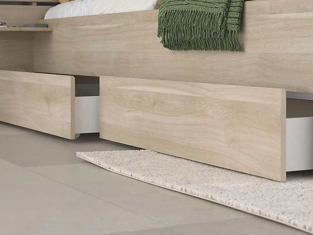 Lit 180 x 200 cm avec rangements - Coloris : Naturel + Sommier + Matelas - TENALIA>Vente-unique