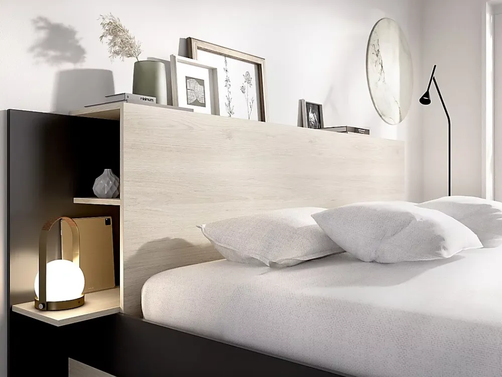 Vente-unique Lit 140 x 190 cm avec rangements - Coloris : Naturel et noir + Sommier + Matelas - KEROSIA* Lit Avec Rangement