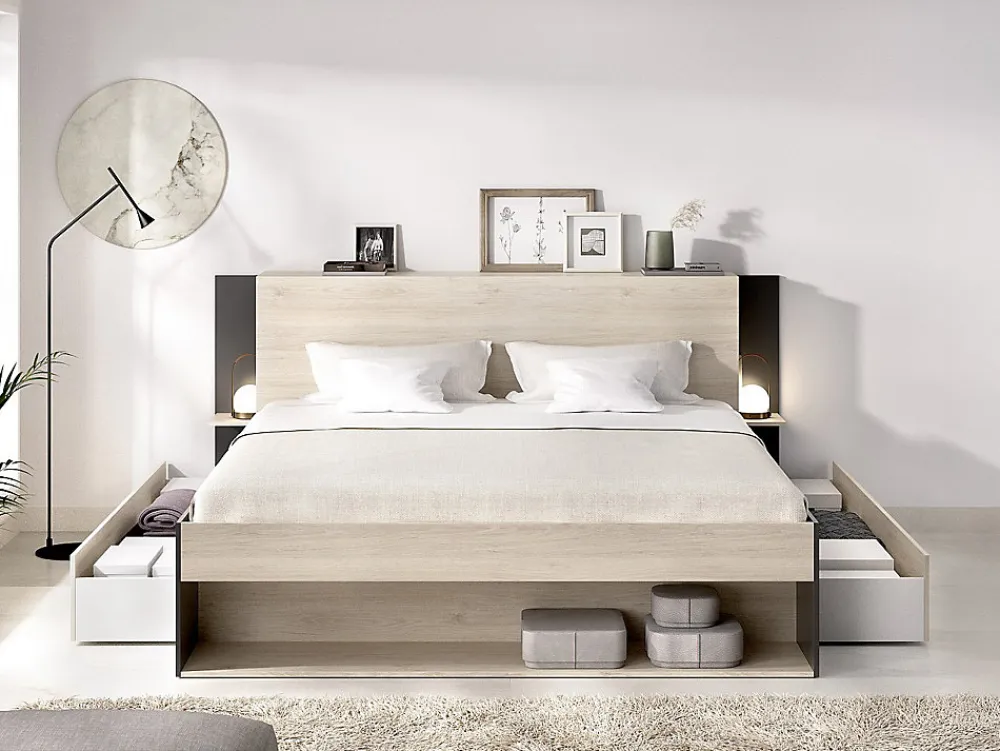 Vente-unique Lit 140 x 190 cm avec rangements - Coloris : Naturel et noir + Sommier + Matelas - KEROSIA* Lit Avec Rangement